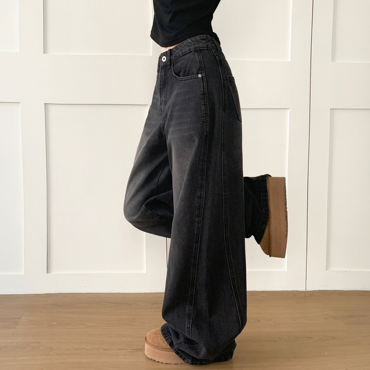 【丈別】ウォッシングハイウエストデニムパンツ BLACK DENIM