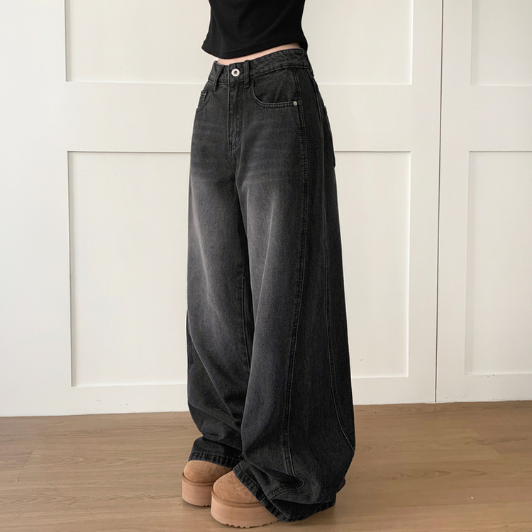 【丈別】ウォッシングハイウエストデニムパンツ BLACK DENIM