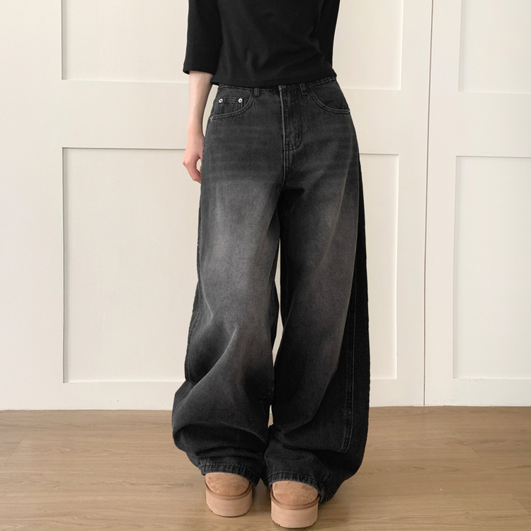 【丈別】ウォッシングハイウエストデニムパンツ BLACK DENIM