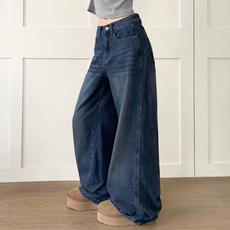 【丈別】ウォッシングハイウエストデニムパンツ DEEP DENIM