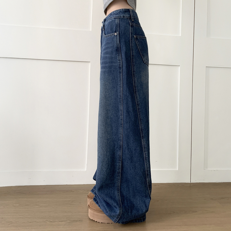 【丈別】ウォッシングハイウエストデニムパンツ DEEP DENIM