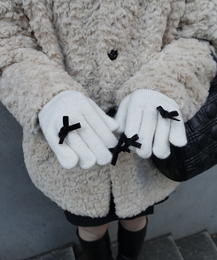 リボンポイントニット手袋 IVORY
