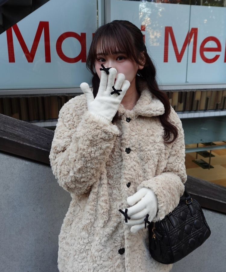 リボンポイントニット手袋 IVORY