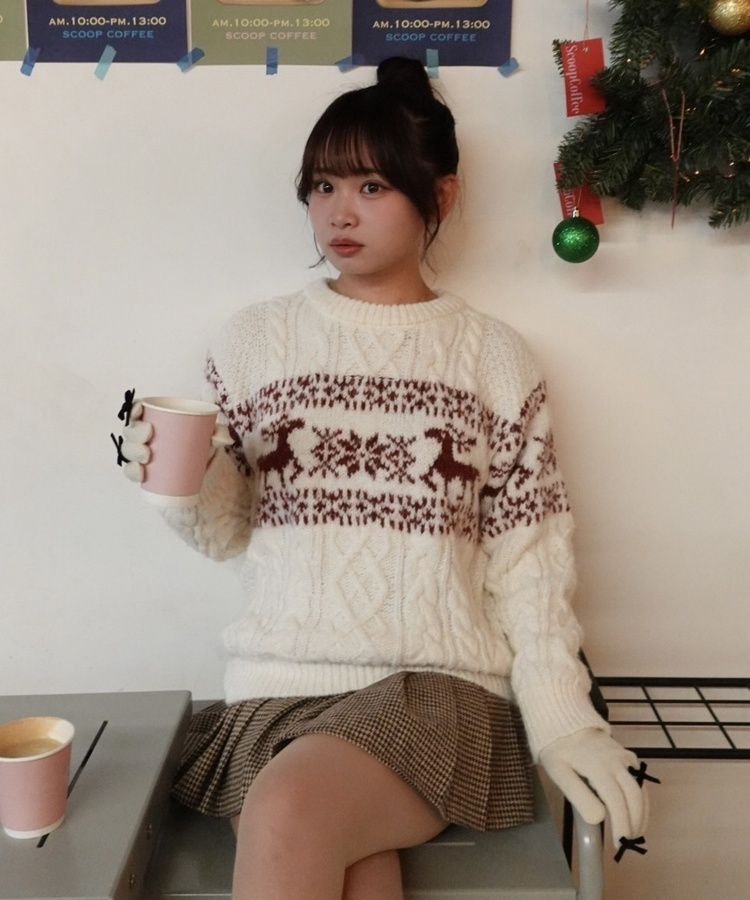 リボンポイントニット手袋 IVORY