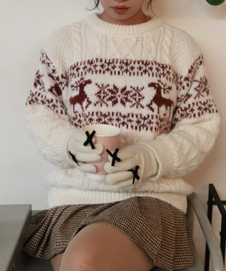 リボンポイントニット手袋 IVORY