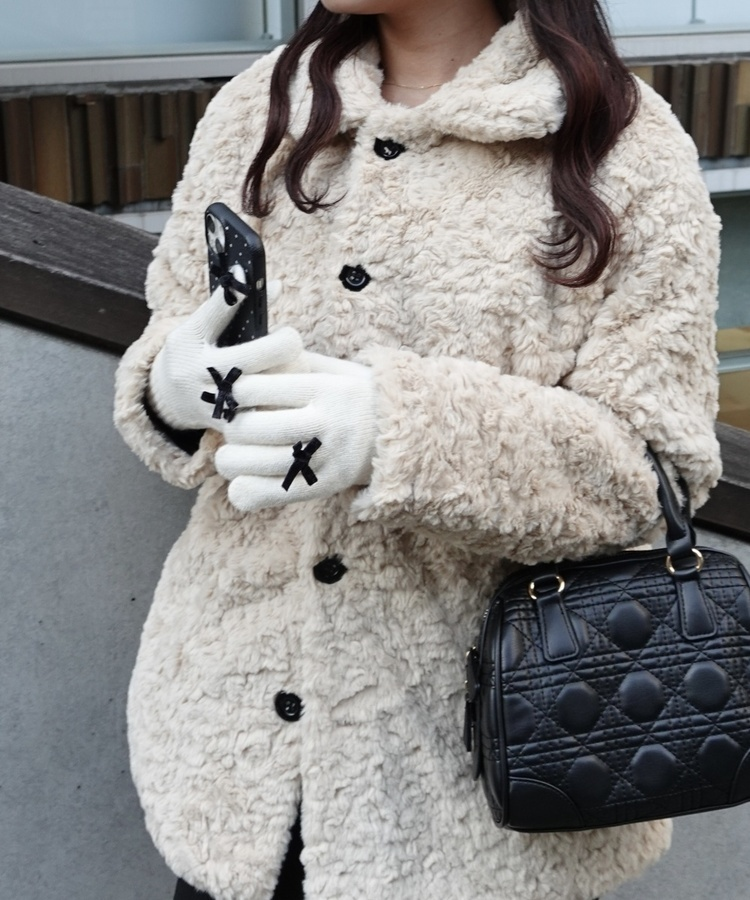 リボンポイントニット手袋 IVORY