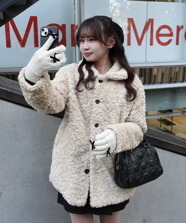 リボンポイントニット手袋 IVORY