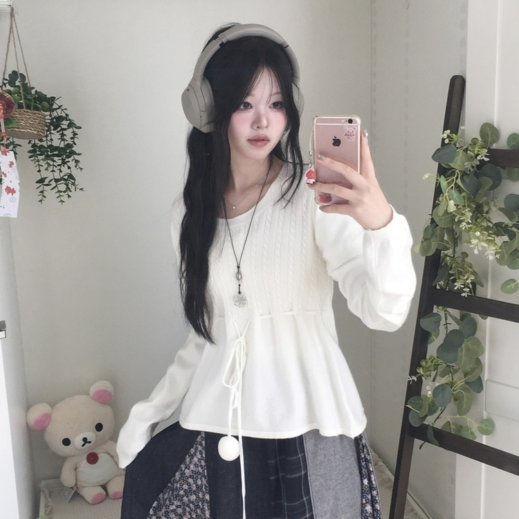 꽈배기 허리 핏조절 리본폼폼 반팔레이어드 긴팔 니트