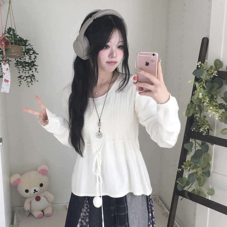 꽈배기 허리 핏조절 리본폼폼 반팔레이어드 긴팔 니트