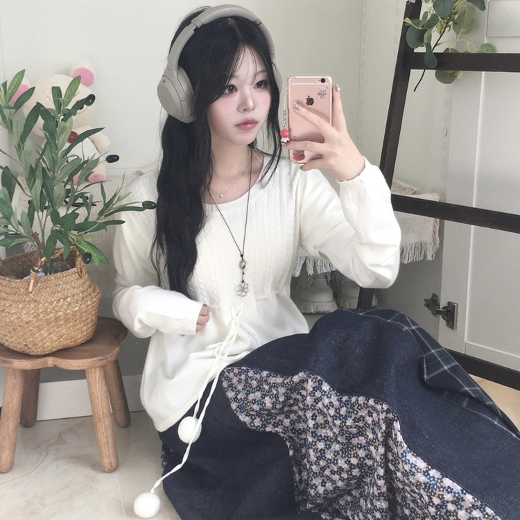 꽈배기 허리 핏조절 리본폼폼 반팔레이어드 긴팔 니트