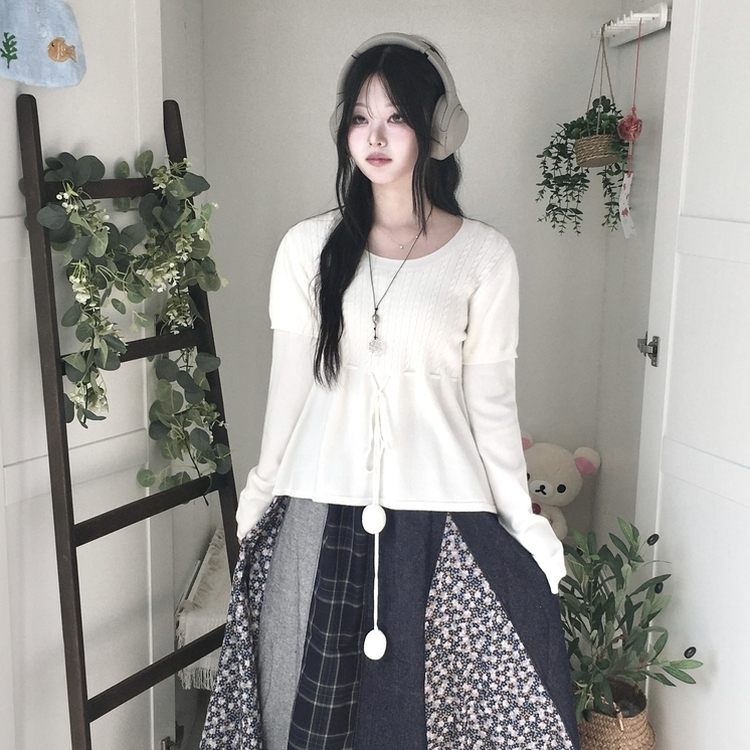 꽈배기 허리 핏조절 리본폼폼 반팔레이어드 긴팔 니트