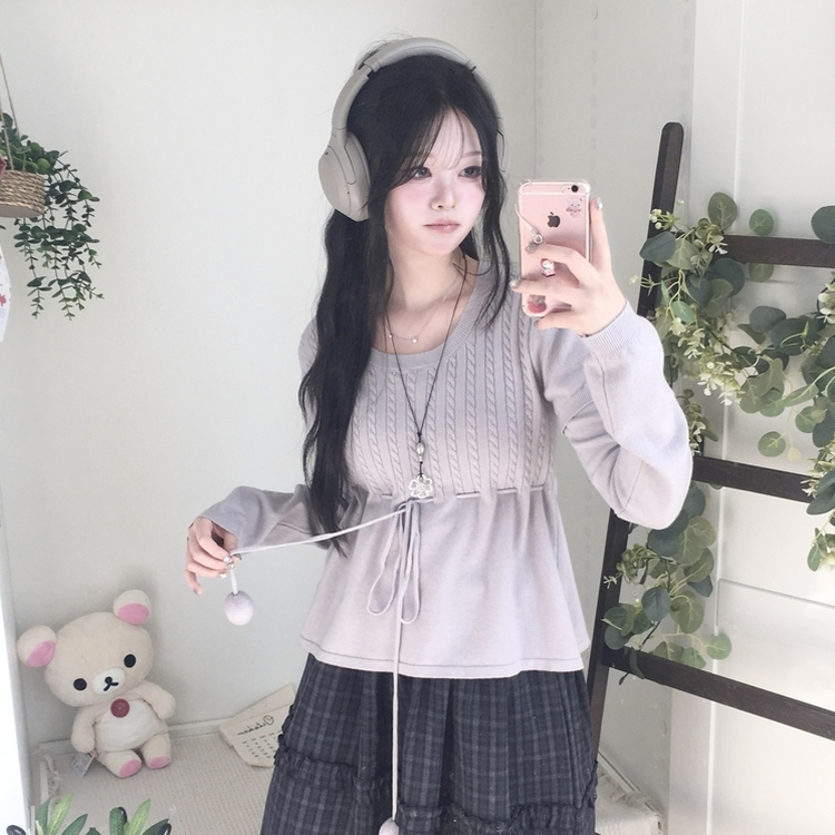 꽈배기 허리 핏조절 리본폼폼 반팔레이어드 긴팔 니트