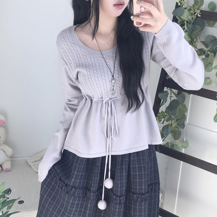 꽈배기 허리 핏조절 리본폼폼 반팔레이어드 긴팔 니트