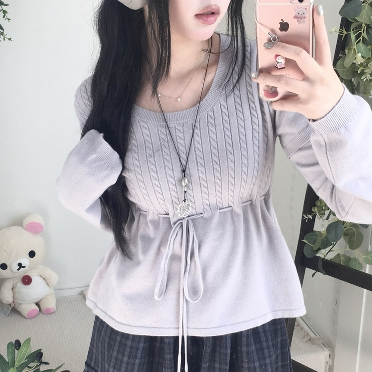 꽈배기 허리 핏조절 리본폼폼 반팔레이어드 긴팔 니트