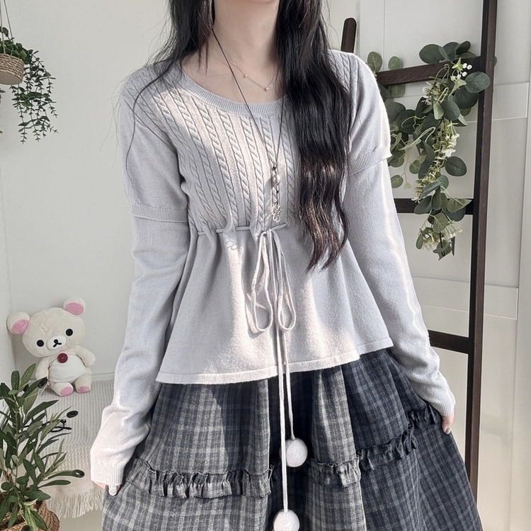 꽈배기 허리 핏조절 리본폼폼 반팔레이어드 긴팔 니트