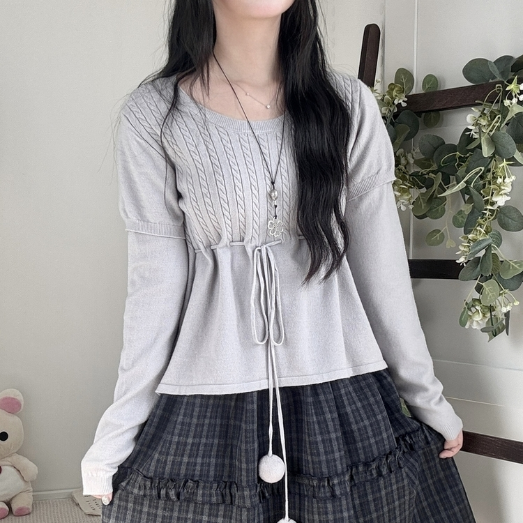 꽈배기 허리 핏조절 리본폼폼 반팔레이어드 긴팔 니트