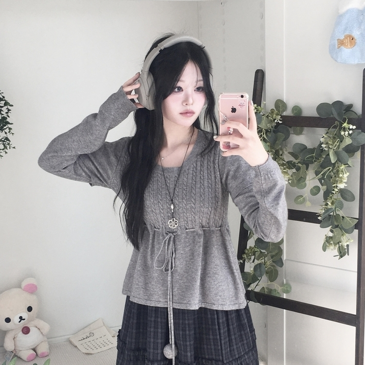 꽈배기 허리 핏조절 리본폼폼 반팔레이어드 긴팔 니트