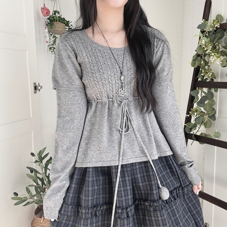 꽈배기 허리 핏조절 리본폼폼 반팔레이어드 긴팔 니트