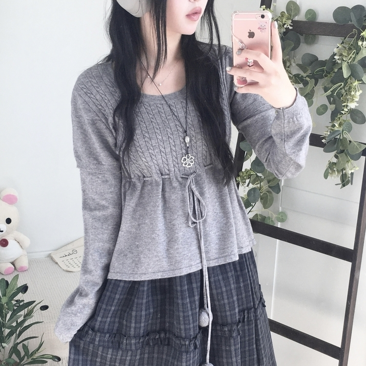 꽈배기 허리 핏조절 리본폼폼 반팔레이어드 긴팔 니트