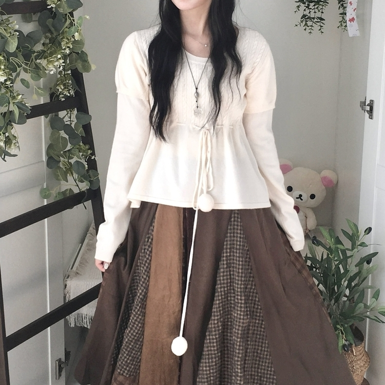 꽈배기 허리 핏조절 리본폼폼 반팔레이어드 긴팔 니트