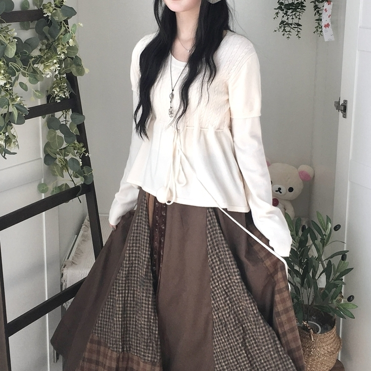 꽈배기 허리 핏조절 리본폼폼 반팔레이어드 긴팔 니트