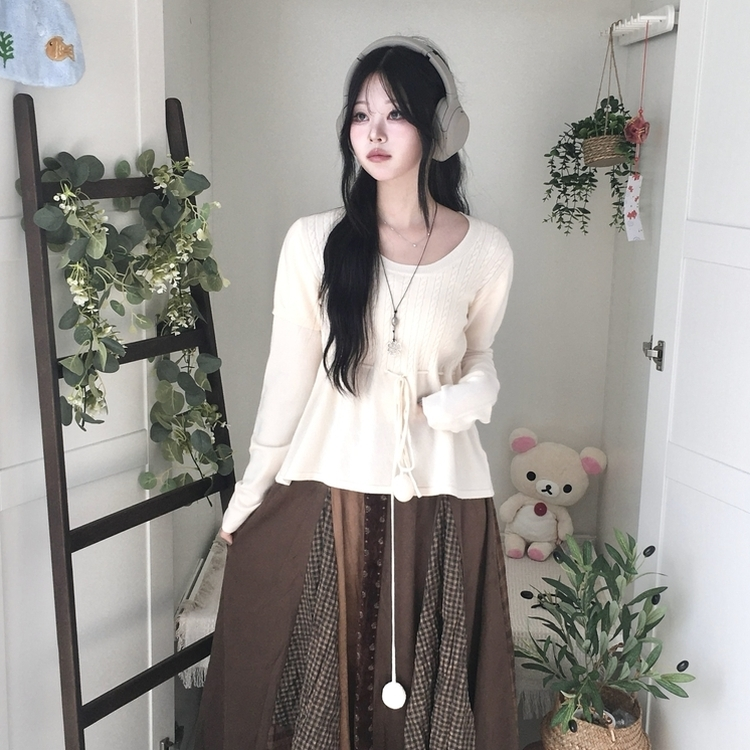 꽈배기 허리 핏조절 리본폼폼 반팔레이어드 긴팔 니트