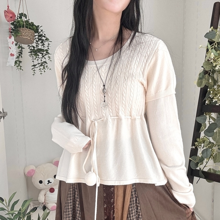 꽈배기 허리 핏조절 리본폼폼 반팔레이어드 긴팔 니트