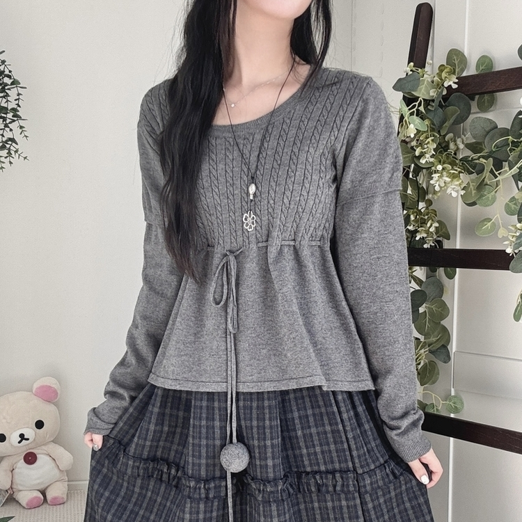 꽈배기 허리 핏조절 리본폼폼 반팔레이어드 긴팔 니트