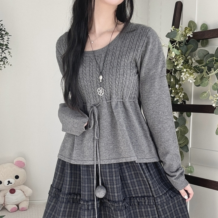 꽈배기 허리 핏조절 리본폼폼 반팔레이어드 긴팔 니트