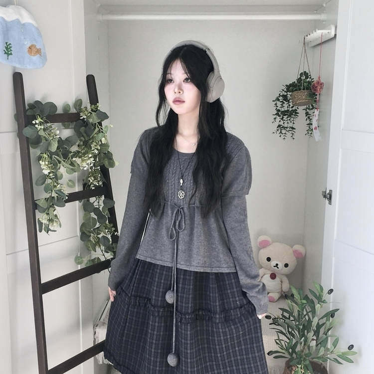 꽈배기 허리 핏조절 리본폼폼 반팔레이어드 긴팔 니트