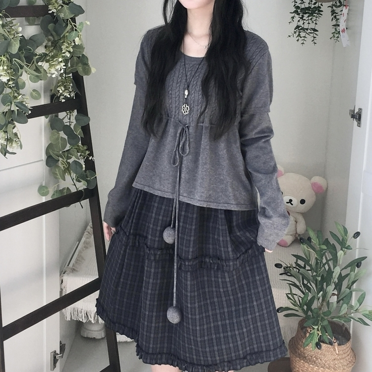 꽈배기 허리 핏조절 리본폼폼 반팔레이어드 긴팔 니트