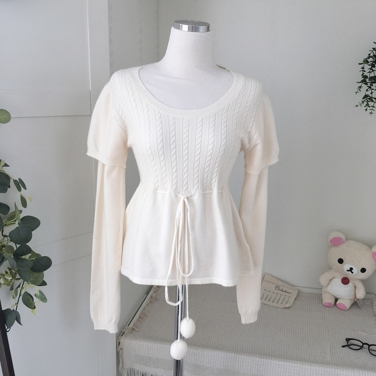 꽈배기 허리 핏조절 리본폼폼 반팔레이어드 긴팔 니트