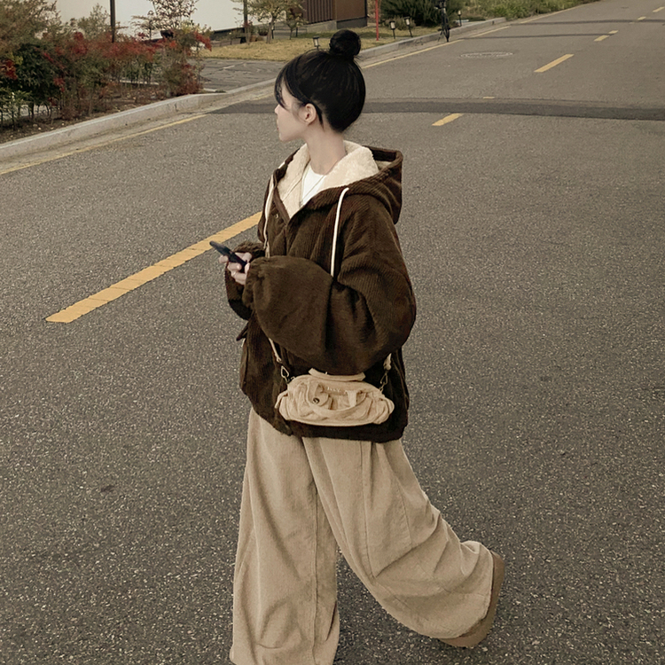 코듀로이 왕오버핏 골덴 양털 퍼안감 스트링 투웨이 양털점퍼 왕박시 아방핏 후드집업 양털야상 브라운