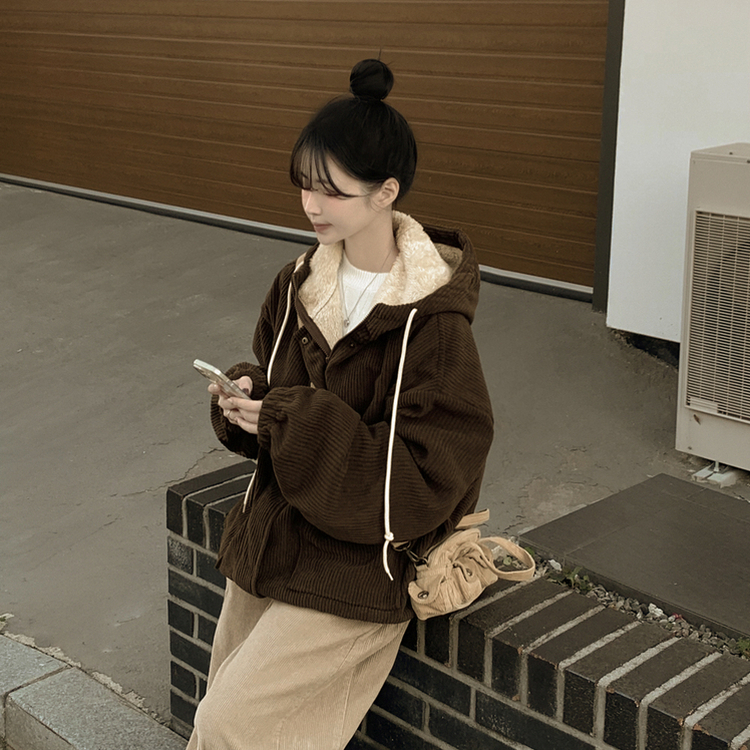 코듀로이 왕오버핏 골덴 양털 퍼안감 스트링 투웨이 양털점퍼 왕박시 아방핏 후드집업 양털야상 브라운