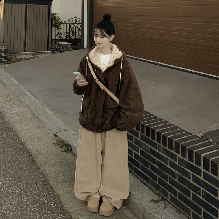 코듀로이 왕오버핏 골덴 양털 퍼안감 스트링 투웨이 양털점퍼 왕박시 아방핏 후드집업 양털야상 브라운