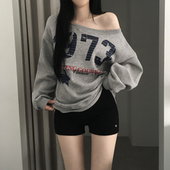 【起毛】ワンショルダービッグレタリングトレーナー MELANGE