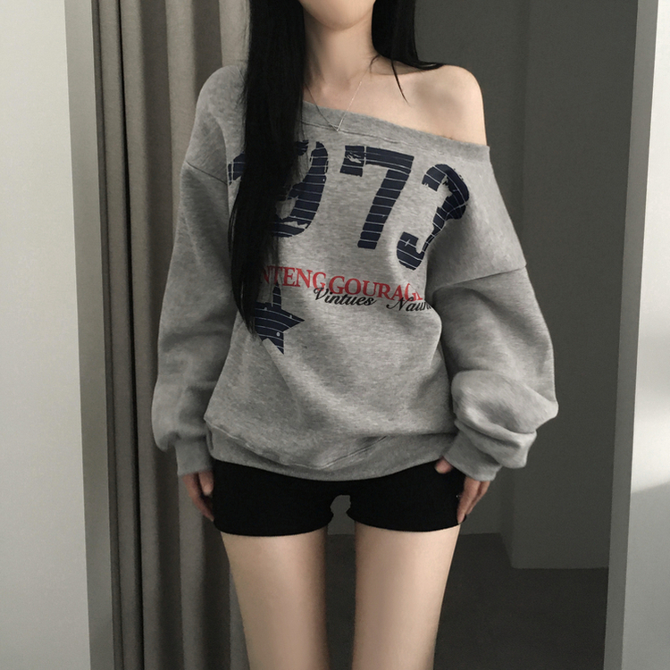 【起毛】ワンショルダービッグレタリングトレーナー MELANGE