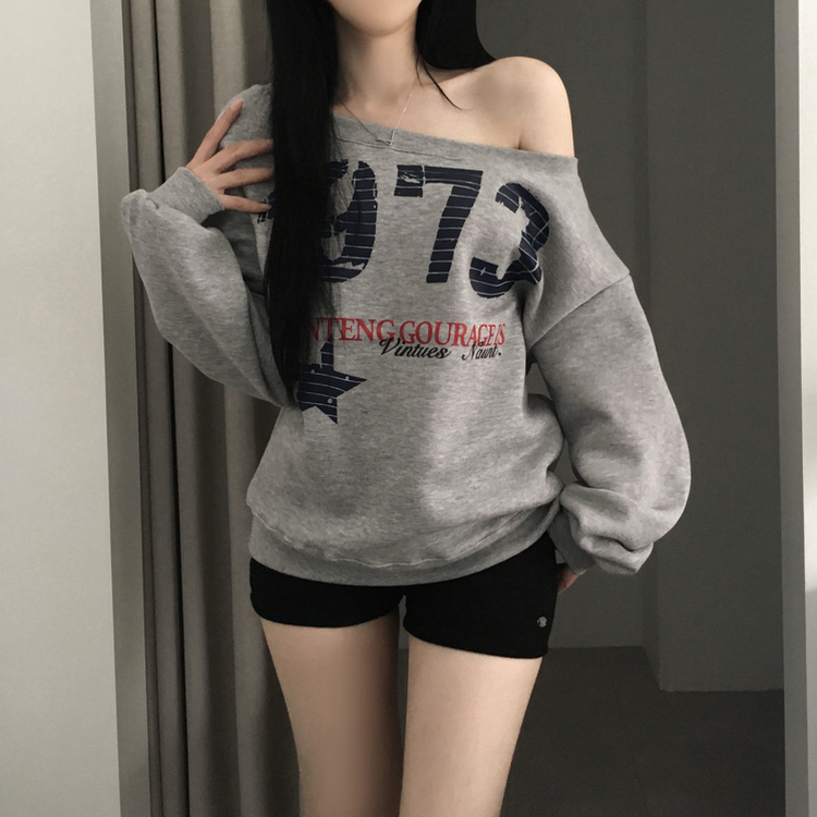 【起毛】ワンショルダービッグレタリングトレーナー MELANGE