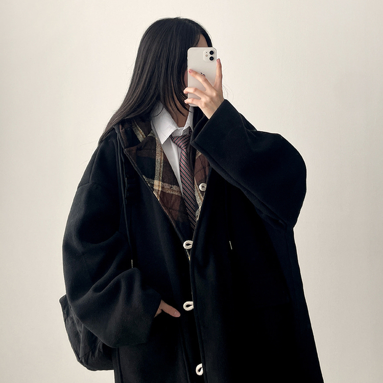 厚手メルティシーポケットフードコート BLACK