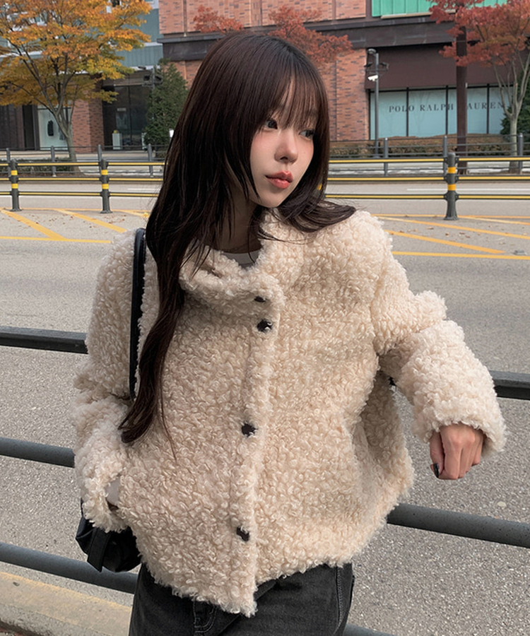 ウールボタンファーショートジャケット｜ジャケット｜韓国ファッション 