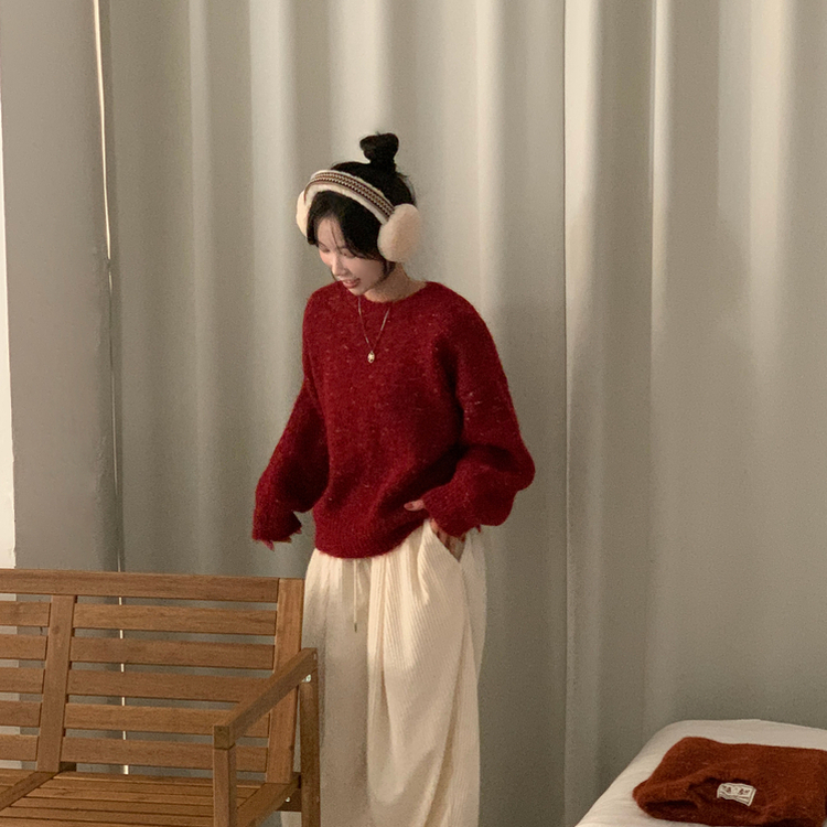 펌킨 윈터 보카시 알파카 도톰 믹스 라운드 울니트 레드