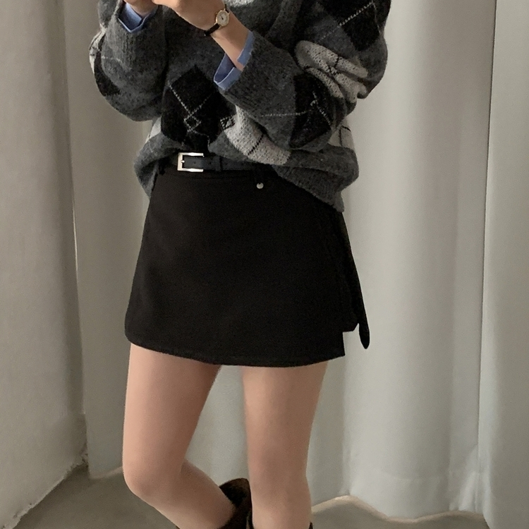 겨울 모직 벨트세트 펜던트 치마바지 A라인 미니스커트