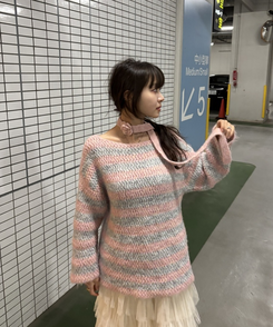 【+タイ】ルーズフィットストライプニット LIGHT PINK