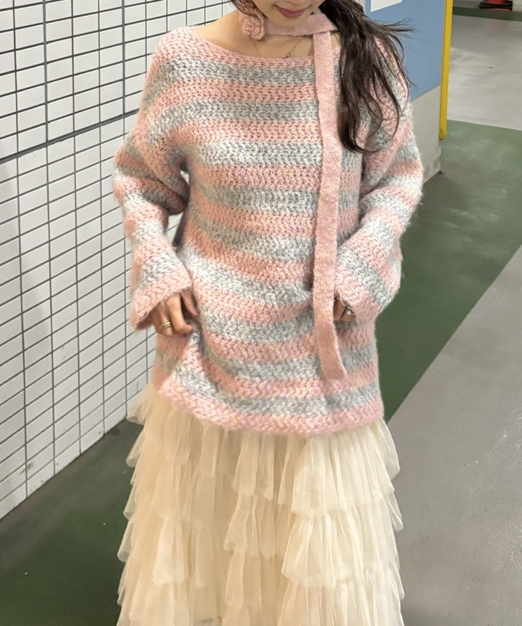 【+タイ】ルーズフィットストライプニット LIGHT PINK