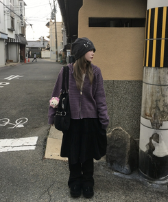 ストライプニットダブルジップアップ PURPLE