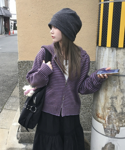 ストライプニットダブルジップアップ PURPLE