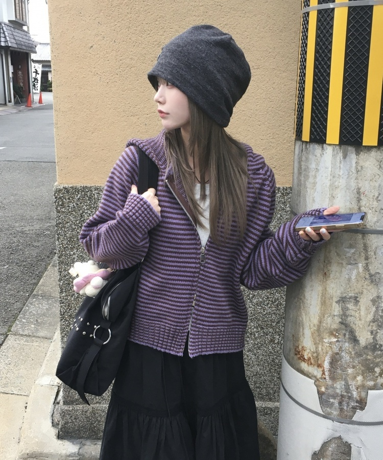 ストライプニットダブルジップアップ PURPLE