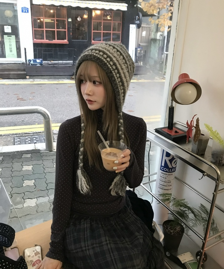 ドットタートルネック長袖 Tシャツ PURPLE