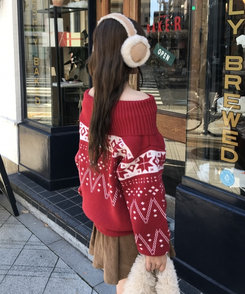 눈꽃 벌룬 오프숄더 티 레드