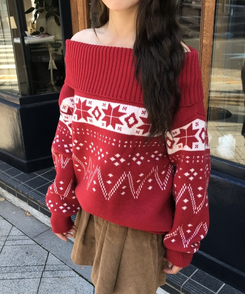 눈꽃 벌룬 오프숄더 티 레드